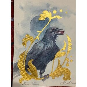 Raven Moon Original painting crow Gold accents surrealism Signed artettina USA